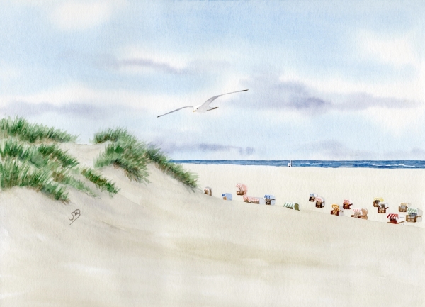 Postcard DIN-A6 Watercolor Art Print Beach Chair Sunset North Sea Island Juist - Beach chairs on the beach - Juist 8